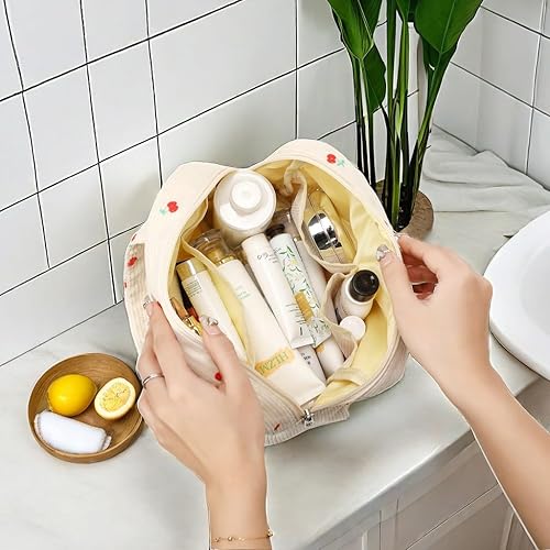 Miniatura 4 de CAMTOP Bolsa de maquillaje para mujeres y niñas, bolsa de cosméticos de pana para viaje, bolsa con cremallera, Cereza, Bolsas de cosméticos de pana