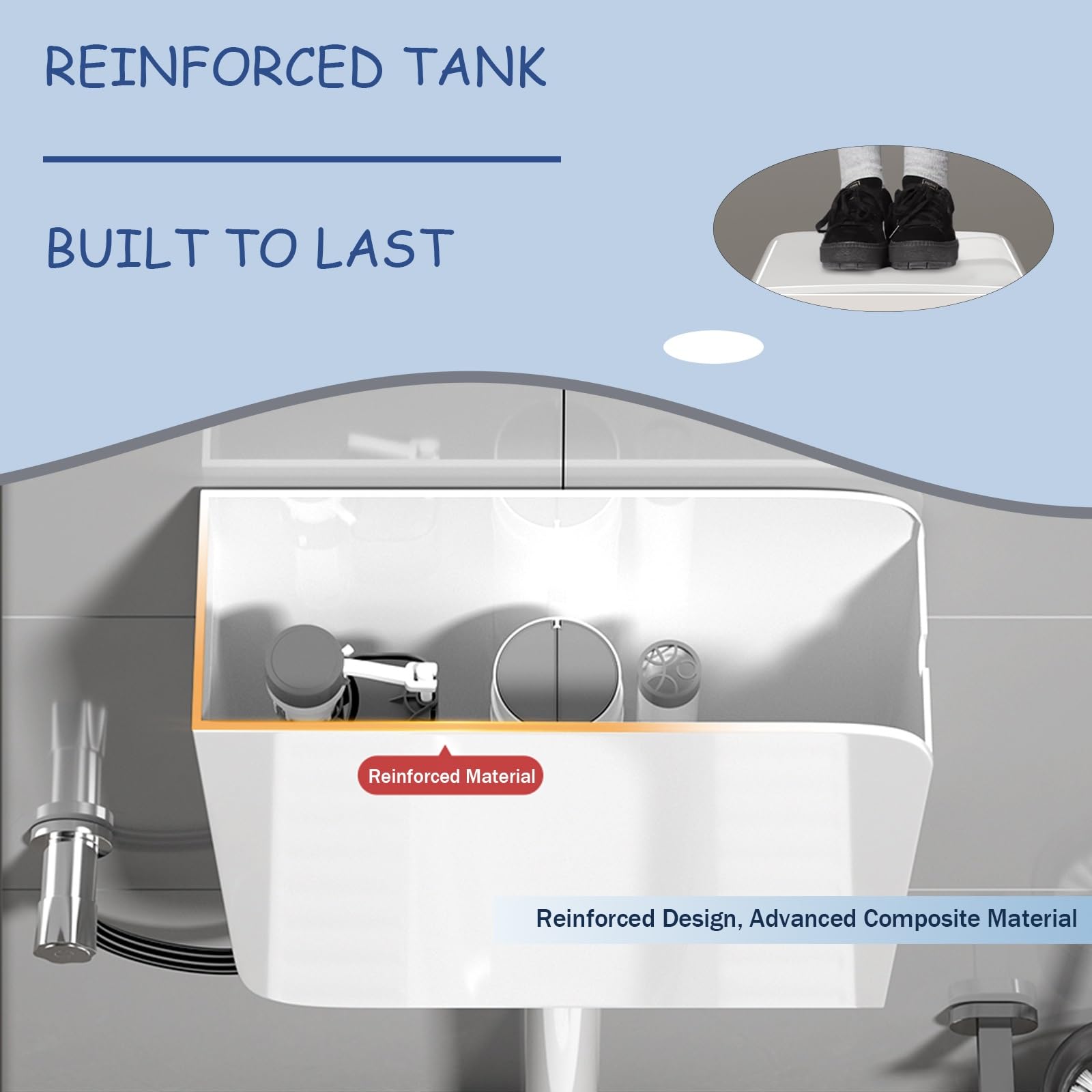 Depósito de inodoro de plástico de perfil bajo, diseño de ahorro de agua, mecanismo de descarga completo incluido, modelo silencioso blanco - ideal para renovación e instalación de baños.