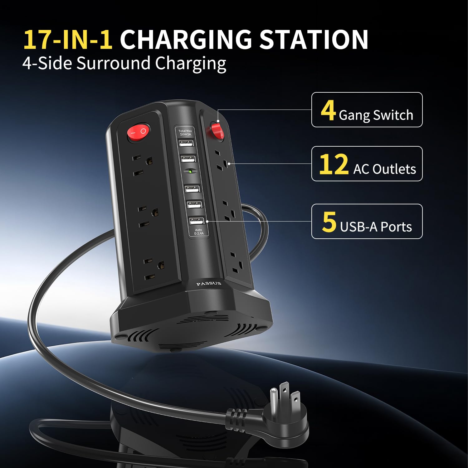 PASSUS Surge Protector Power Strip - 12 Outlets + 5 USB -2 PASSUS Surge Protector Power Strip - 12 Outlets + 5 USB -2