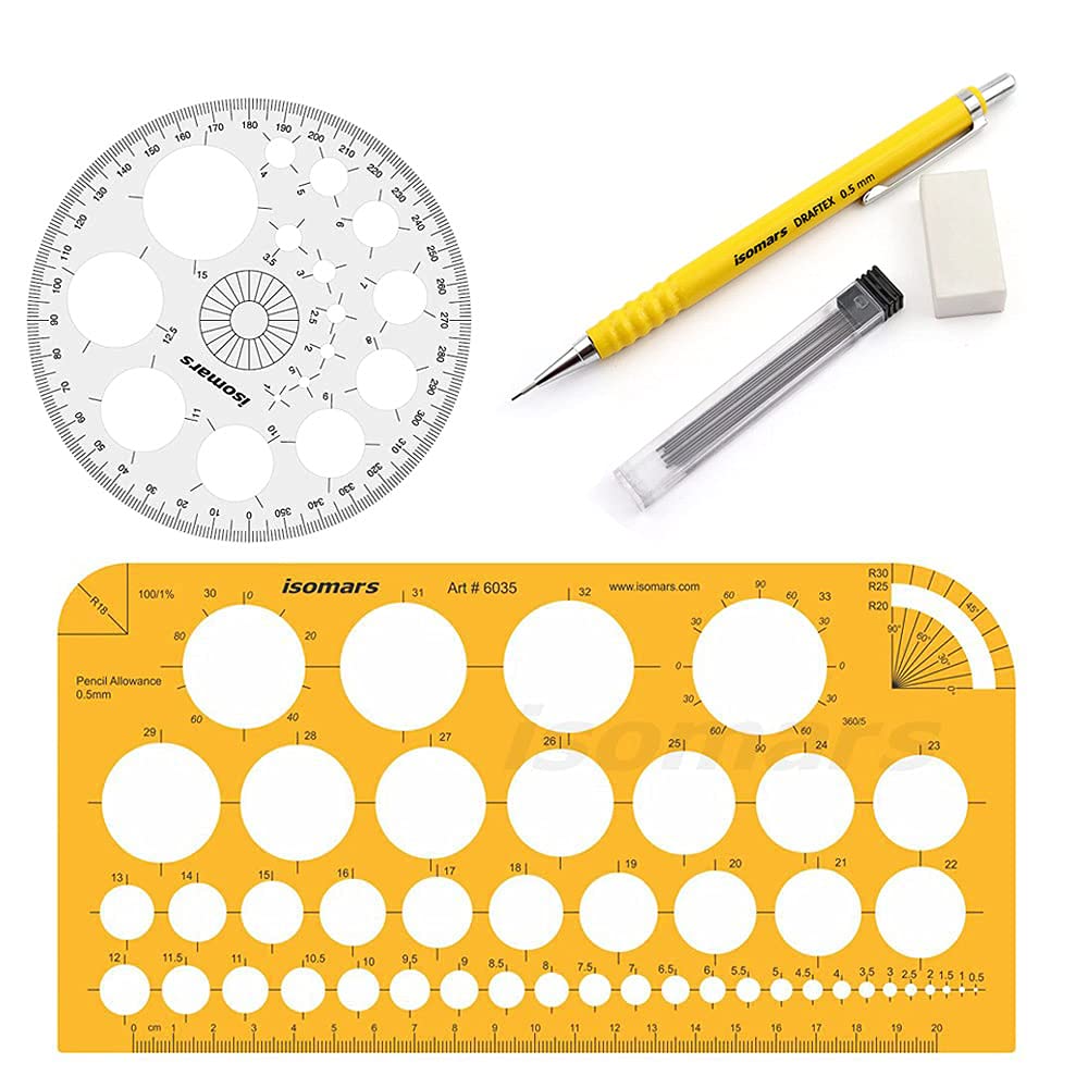 Isomars Circle Shapes Template, Pro Circle & 0.5mm Draftex Pencil Yellow with 10 Leads & Eraser