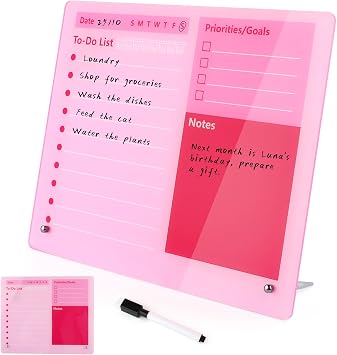 Pink Acrylic Dry Erase Board 12x10 inch, Thickened Desktop to Do List Planner Board with Stand and Markers, Frameless Tabletop Pink Dry Erase White Board Daily Task Organizer for Office Home School