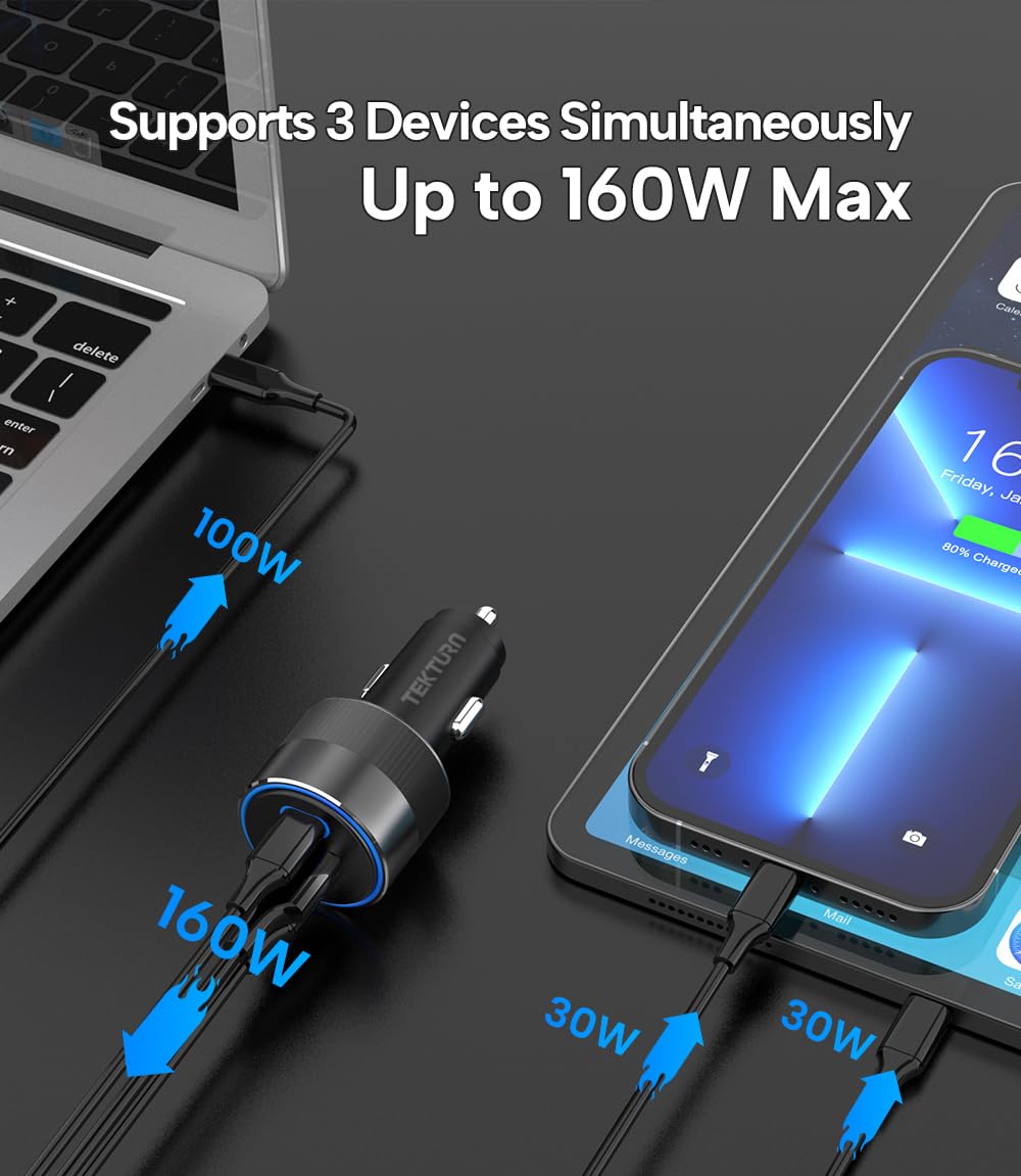 TEKTURN 160W Car Charger with 100W E-Mark Cable - Multiport (2 USB-C & 1 USB-A) Super Fast Charging, Compatible with iPhone 16/15/14/13, Samsung S25/S24/S23, iPad, MacBook, Windows Laptops & More