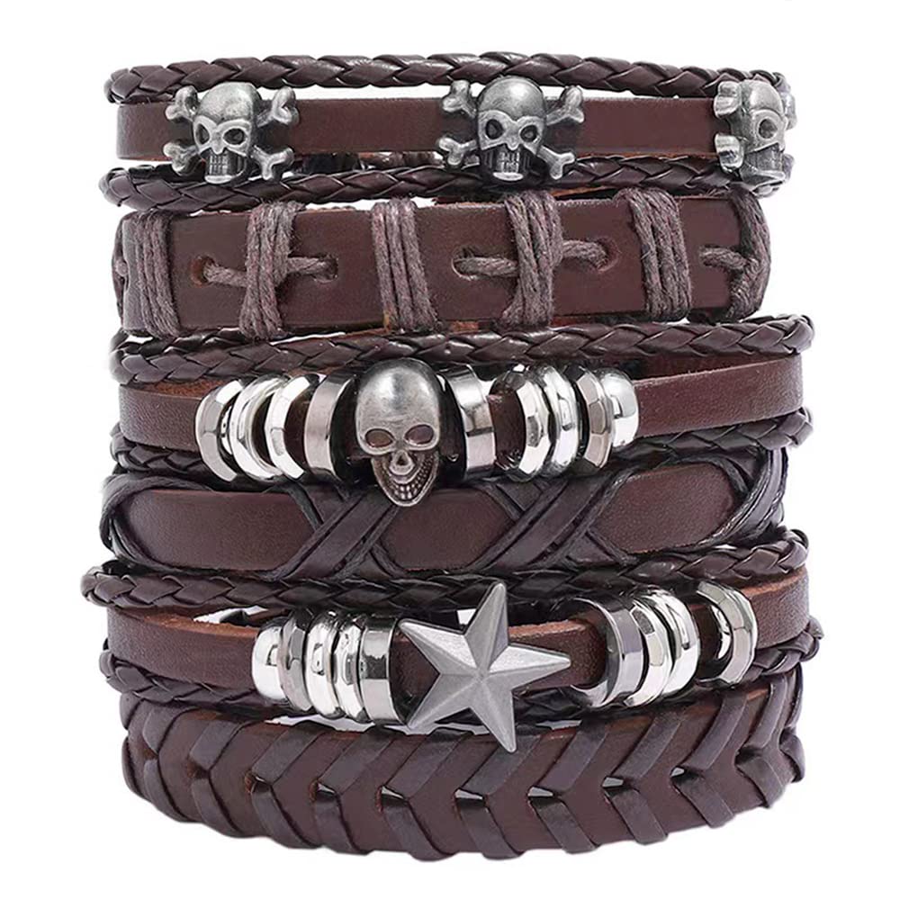 NIGHTCRUZ 6 Pcs Leather Braided Bracelet, Medieval Leather Cuff Wristband with Skull