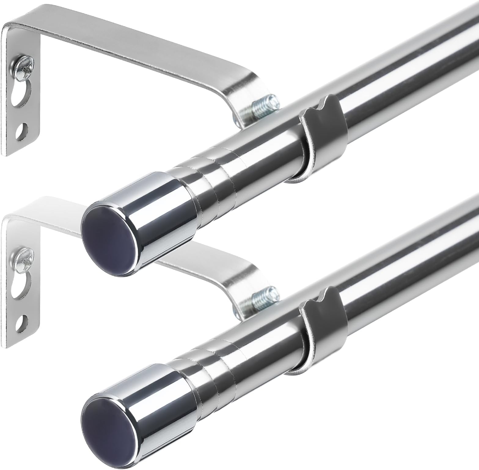 Harrms2pcs Curtain Poles for Eyelet Curtains, 16mm Voile Curtain Pole Silver 76-117cm, Window Curtain Rod Extendable Stainless Steel with Adjustable Brackets for Bedroom, Living Room