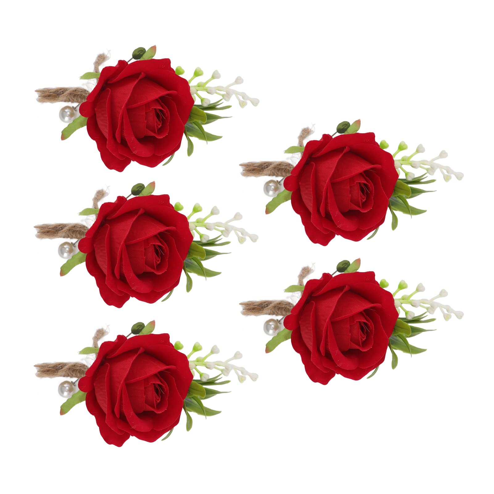 Pssopp 5PCS Rose Wedding Boutonniere White Boutonniere Handmade Corsage Buttonhole Flowers,Artificial Wedding Flower Accessories for Men Groom Bride Suit Dress Banquet Party Decor (Red)