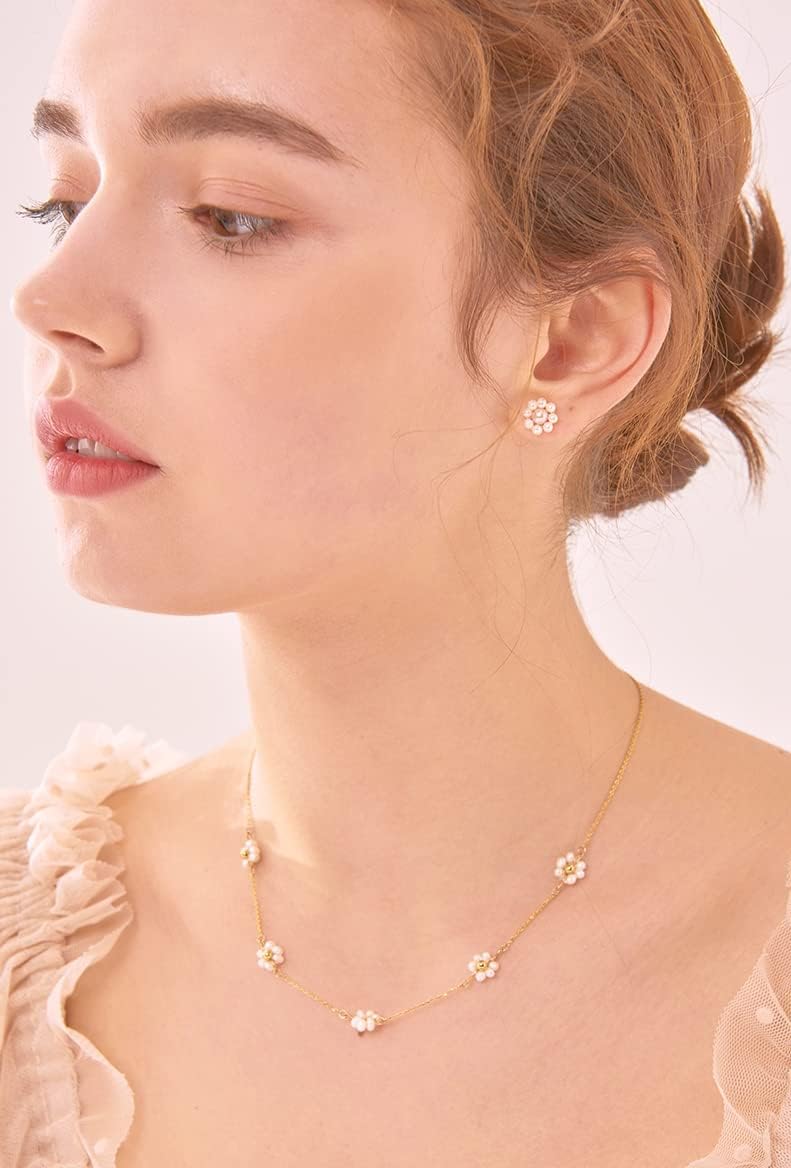 Daisy Flower Choker Necklace 14K Gold Plated Beaded Pearl Choker for Women Jewelry Gifts - Image 8