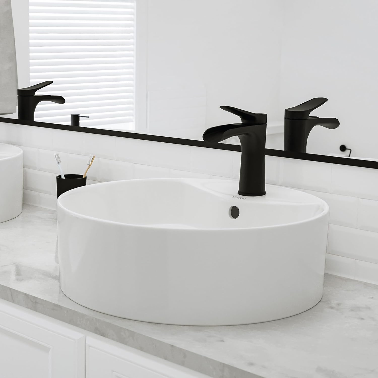 Karran Valera 18 Inch Round Vessel Bathroom Sink, Vitreous China Above Counter Vanity Sink with Overflow, Glossy White Ceramic Basin VC-401-WH