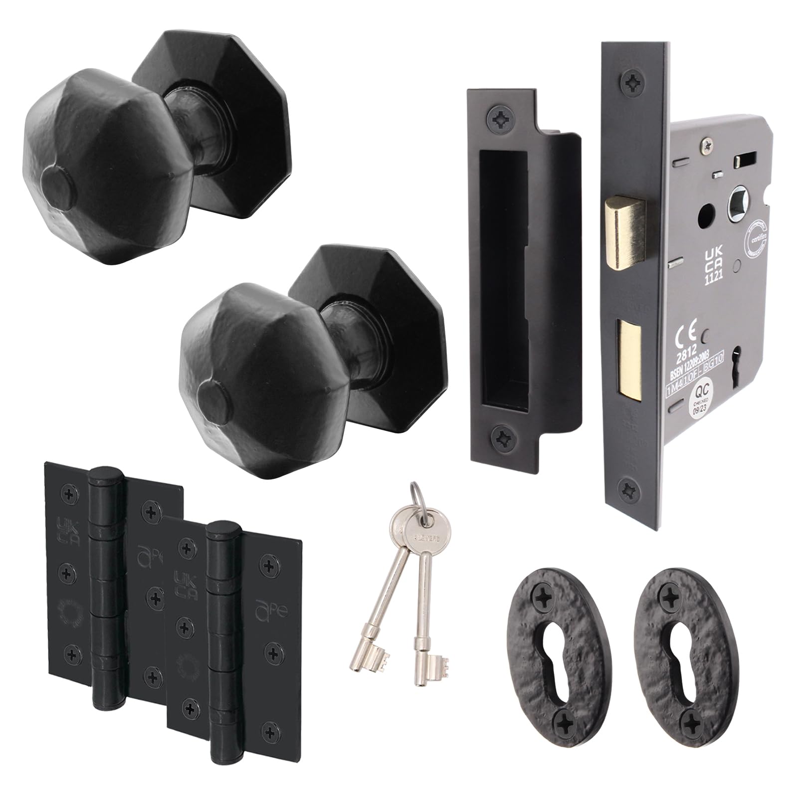 Eai Black Iron Keylock Door Knob Set - 1 Pair Of Cast Iron Antique Octagonal Mortice Knobs, Sash Lock (80Mm) & Hinges (76Mm)