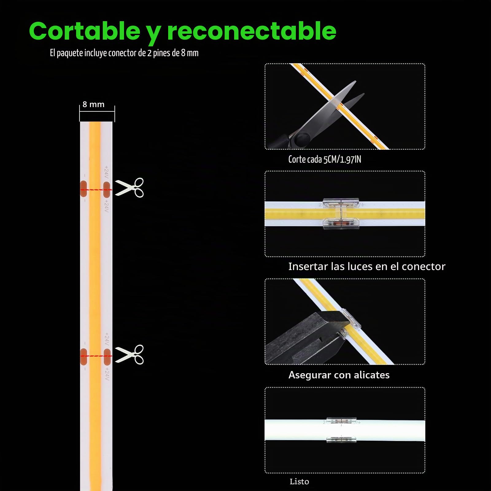 JOYLIT Tira LED COB 24V 15M 3000K Brillo Constante CRI 90+ Sin Puntos | Corriente Constante, 480 LEDs/m, Blanco Cálido, 2 pines 8 mm, Regulable, Cortable, Autoadhesivo, para Dormitorios, Armarios
