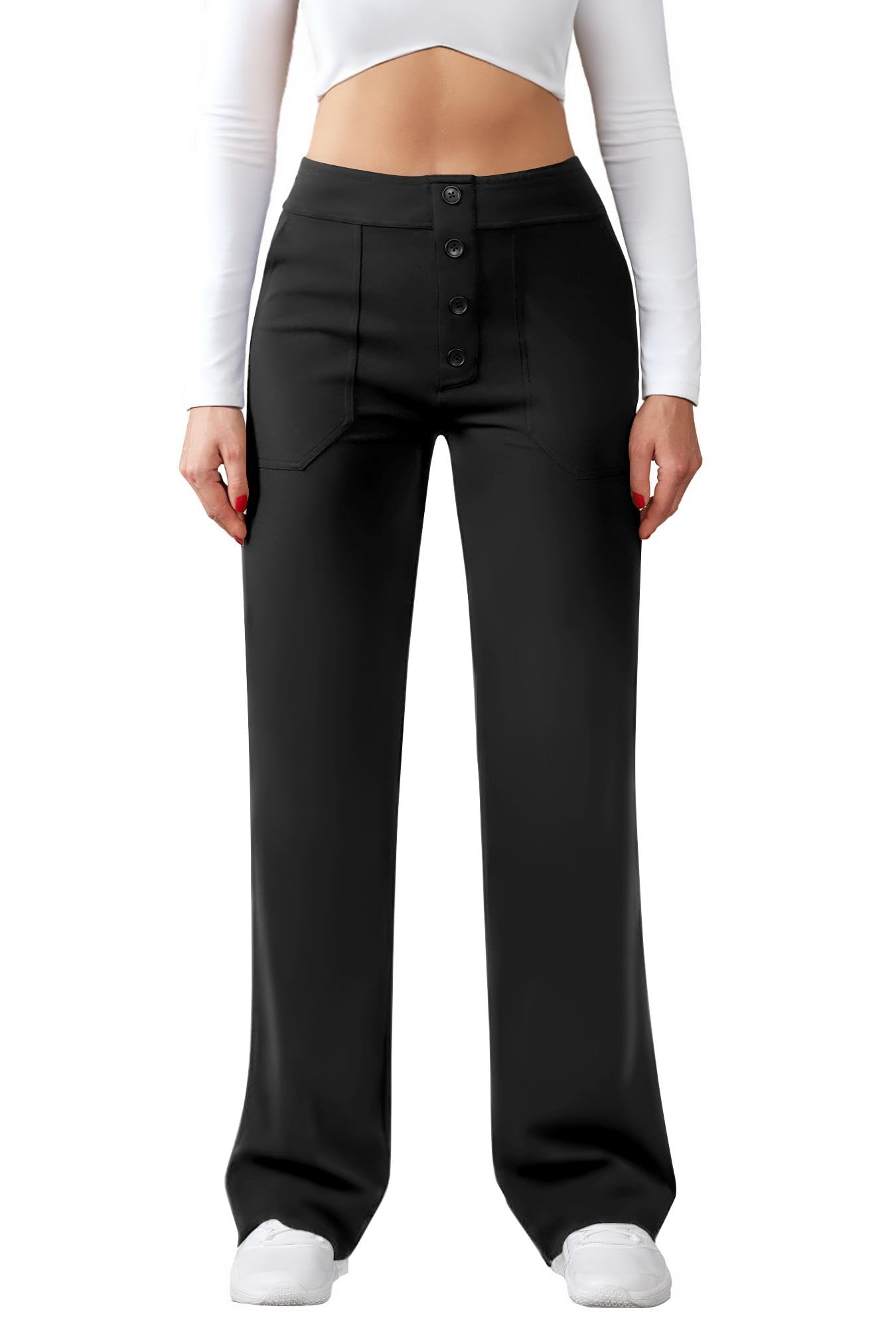 Friptspyg Hose Damen Hohe Taille Weite Hose Knopf Gerades Bein Hose Casual Arbeit Hose Stretch Yogahose mit Taschen