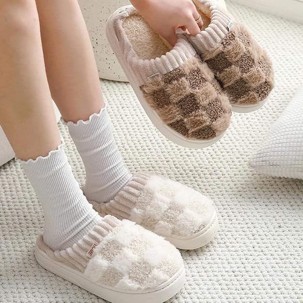 Checkered Slippers, Men & Women's Funny, Fluffy House & Outdoor Shoes, Memory Foam, Warm, Plush Bedroom Slippers for Winter4