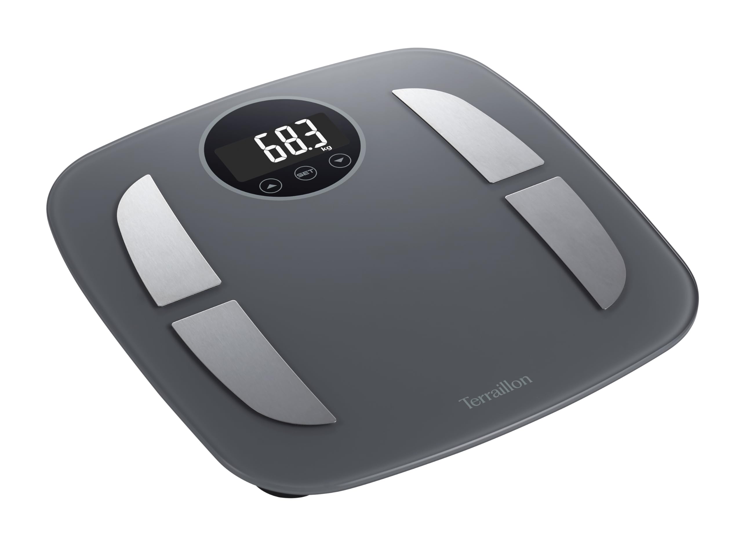 TERRAILLON - POWER FIT- Báscula electrónica personal, impedancia métrica, análisis de masas de grasa, muscular, hídrico, ósea IMC, gran pantalla retroiluminada, capacidad 160 kg, bandeja de cristal,