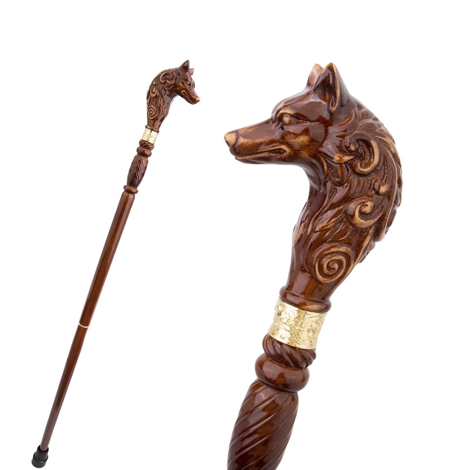 Handgeschnitzter Gehstock Aus Holz Mit Wolfskopf, Ergonomischem Griff und Gummispitze für Damen und Herren – Modischer, Einzigartiger Gehstock für Senioren – 95 cm
