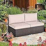 DORTALA 2 Piece Wicker Sectional Armless Chairs, Outdoor Rattan Sectional Sofa Set w/Cushions for Seat and Back, Additional Seats for Garden Balcony Patio Poolside, Beige