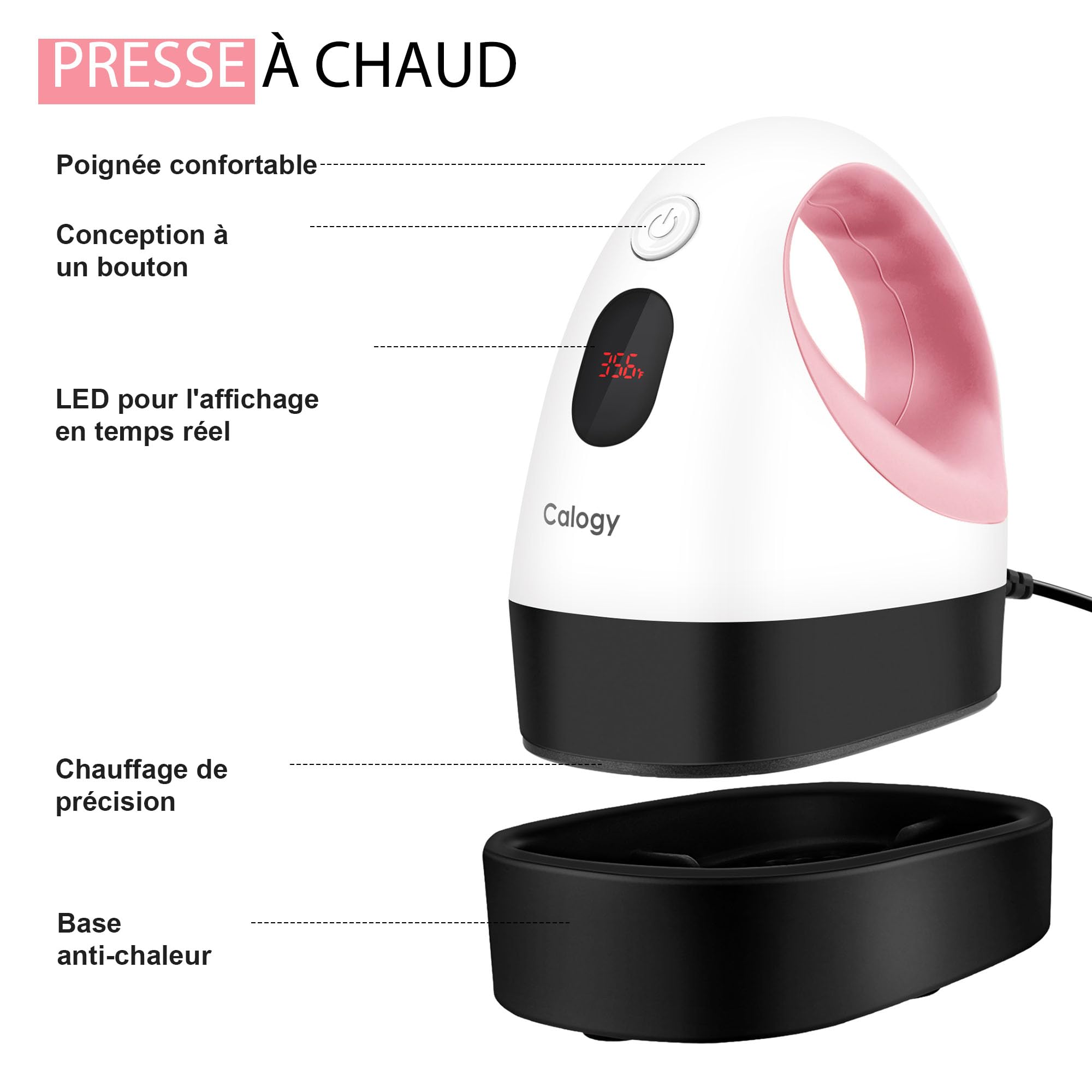 Calogy Mini Presse à Chaud, Machine Impression Textile Petit, Portable Mini Fer avec Affichage LED, 3 Niveaux Contrôle de la Température, Base Sécurité Isolée pour Tee Shirt, Casquett（Blanc Rose)