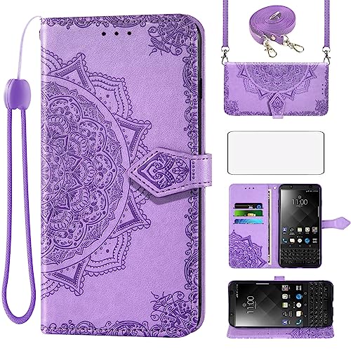 Asuwish Coque pour Blackberry KEYone avec Verre Trempé Protecteur D'écran Rabat Support Cuir Porte Carte Portefeuille Mandala Étui KEY1 Key 1 One Housse Phone Cover Case Violet