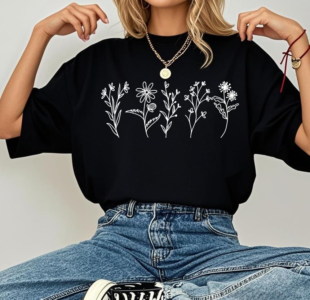 Women's Vintage Floral T Shirt Wildflower Graphic Loose Tees Short Sleeve Casual Tops - Image 7