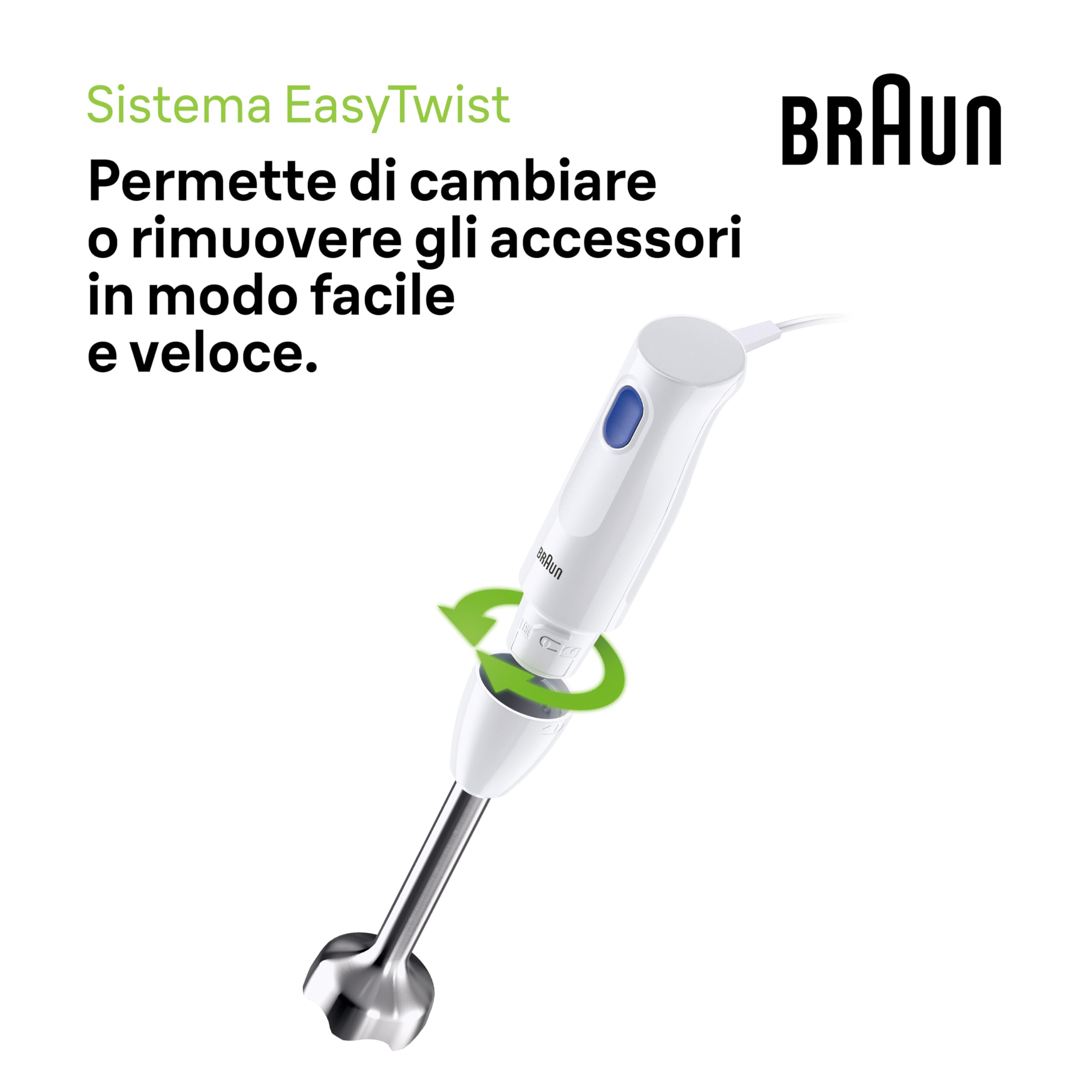 Braun MultiQuick 1 MQ10.201MWH con 5 ANNI DI ASSISTENZA, Frullatore ad Immersione Leggero, Tecnologia EasyTwist, Tritatutto da 350ml e Bicchiere da 600ml Inclusi, 450W, Bianco