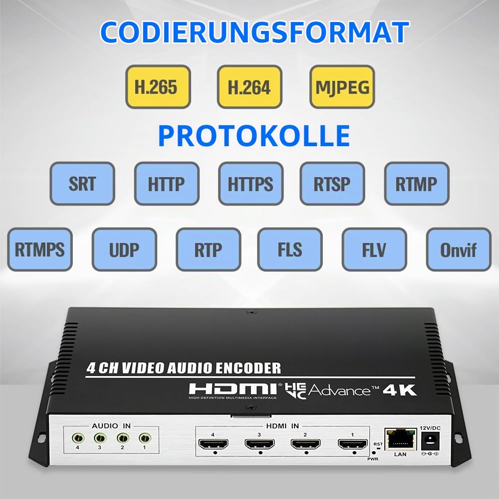 4 Kanal 4K H.265 264 MJPEG HDMI Video Encoder mit Bildschirm, max 16 Ausgängen, zusätzlichem Audio HTTP RTSP RTMP RTMPS SRT UDP RTP Video-Encoder für Live Facebook YouTube Twitch
