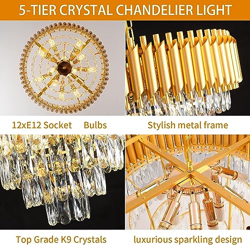 Image of TRIXY Chandeliers Lights for Ceiling Pure Gold Round Crystal Pendant Light Lamp | 5 Tier, K9 Crystal 600mm Fancy Jhoomar Lamp Fixture for Bedroom, Living Room, Dining, Interior Lighting
