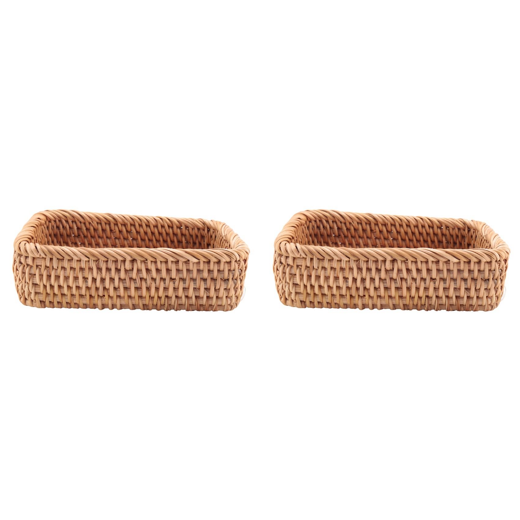 Hndhbfgrt 2X Hand-Woven Rectangular Rattan Wicker Basket Fruit Tea Snack Bread Picnic Cosmetic Storage Box S