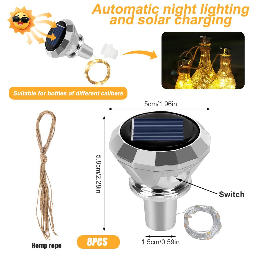 Mineup 8 Pcs Luci Della Bottiglia, 2m 20 LED Bottiglie a Energia Solare, Tappo Luci LED Bottiglia, Per Bottiglie Di Vino, Per Fai Da Te, Feste, Giardino, Matrimonio, Decorazione Per Interni Ed Esterni