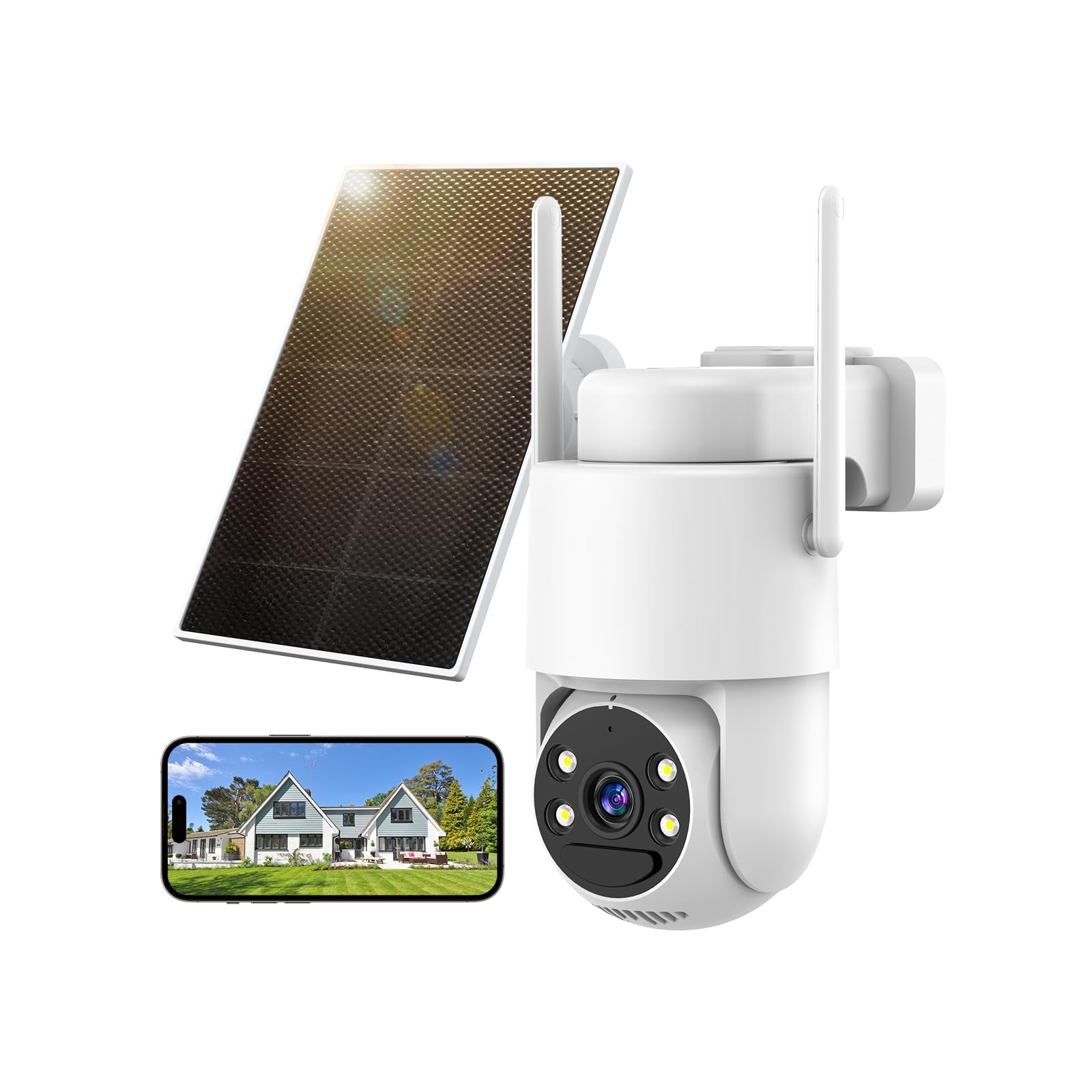 2K Cámara Vigilancia WiFi Exterior Solar, 360° PTZ Cámara Exterior Solar con Panel Solar/Alimentación por batería, Visión Nocturna Color, Audio bidireccional, PIR Sirena, Tarjeta SD de 32 GB