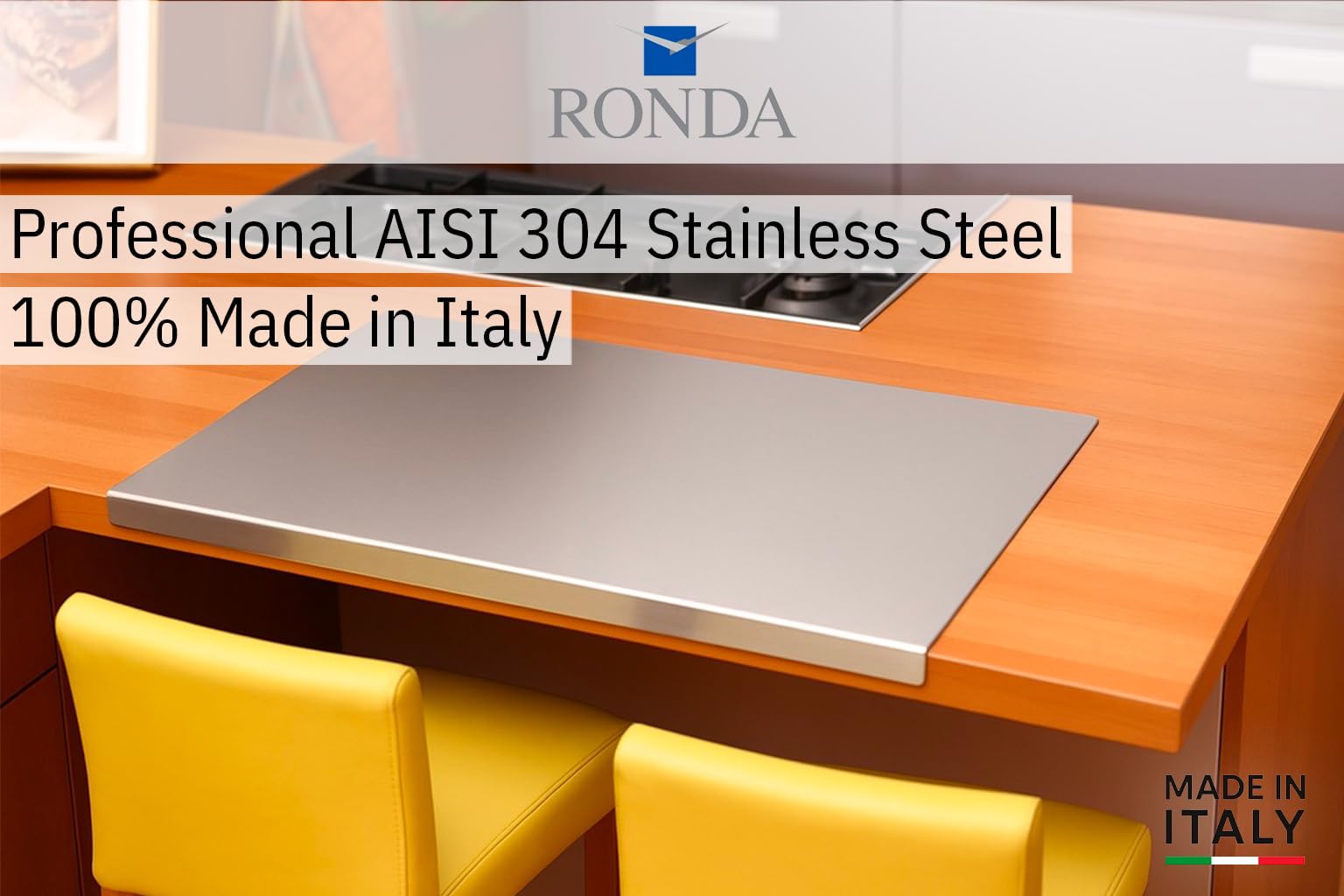 RONDA Tagliere Spianatoia Acciaio Inox 60x50 cm - Piano da Lavoro Alimentare Professionale, Antibatterico e Antiscivolo con Piega 2 cm per Impastare Pizza, Pane e Pasta - Made in Italy