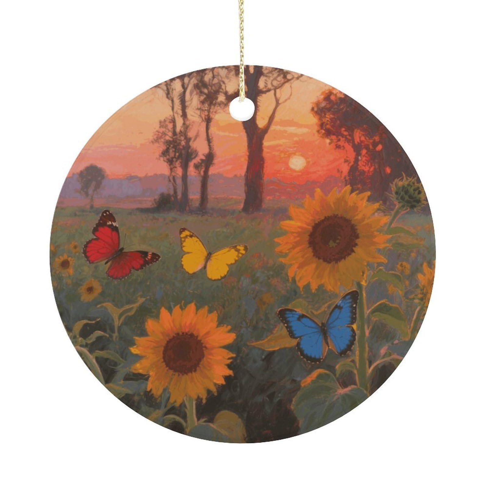 Personalized Christmas Ornaments 2025 Ceramic Hanging Sunflower Butterfly Ornaments with Gold String Double-Sided Vintage Holiday Decorations for Tree Mantel Tabletop Xmas Party Favors