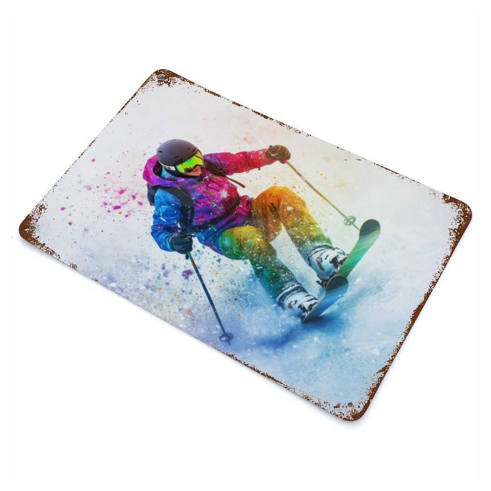 Garage Style Skier in Colorful Snow Vintage Rust Metal Sign 11.8"x7.9", Vintage Wall Decor for Bar And Workshop