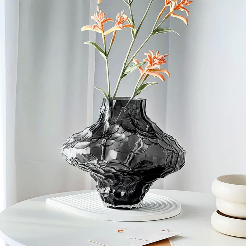 Vaso di Vetro Vaso da Fiori soffiato a Mano Vaso in Vetro Trasparente Fumo Decorazione da Tavolo per Matrimonio, Vaso di Vetro Moderno per Decorazione da Tavolo per Orchidee,Nero,L