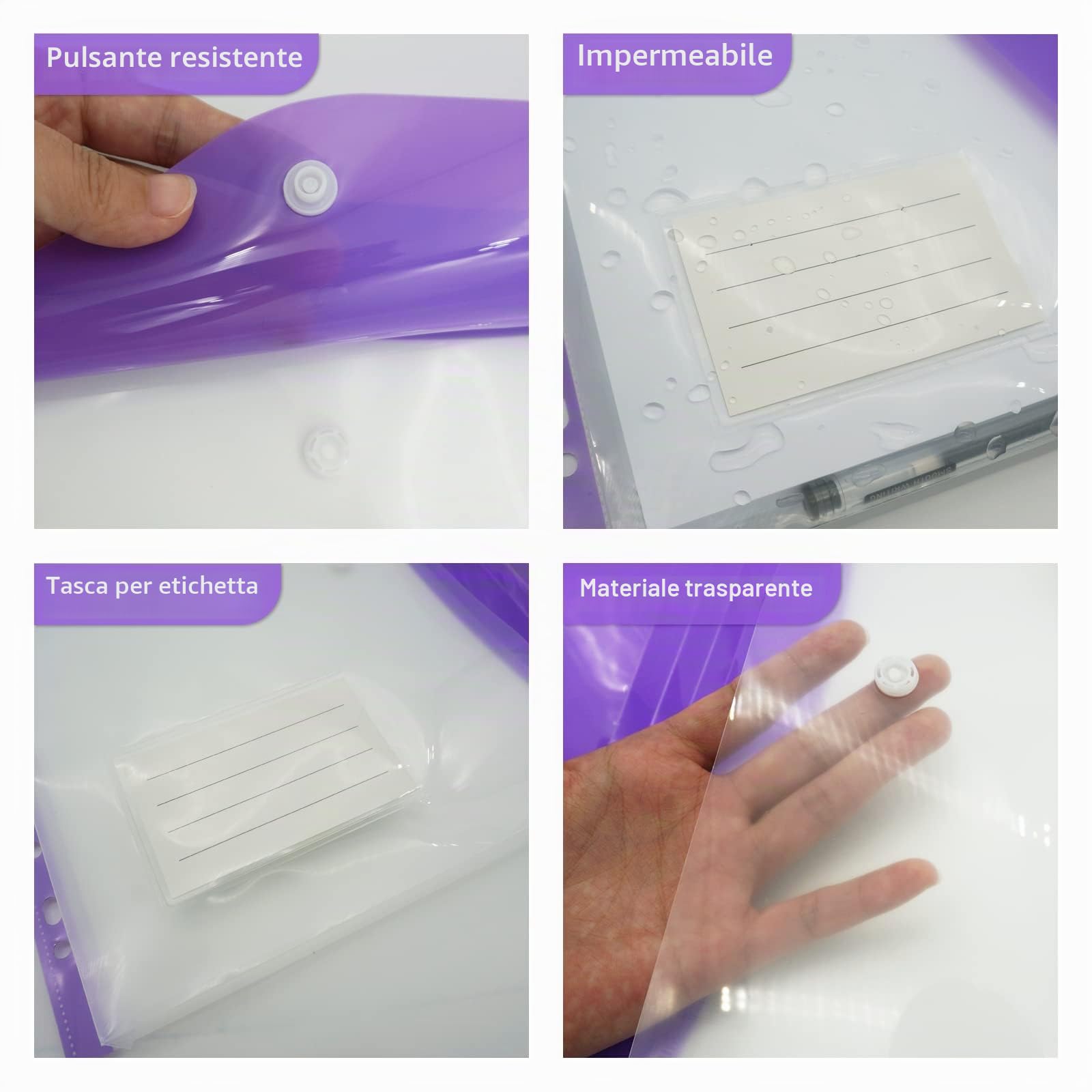 Ansook 14 Pezzi A4 Tasche Espandibili, Portafogli e Cartelle in Plastica, Custodia Transparente A4 con Bottoni Automatici ed Etichette, 7 Colori
