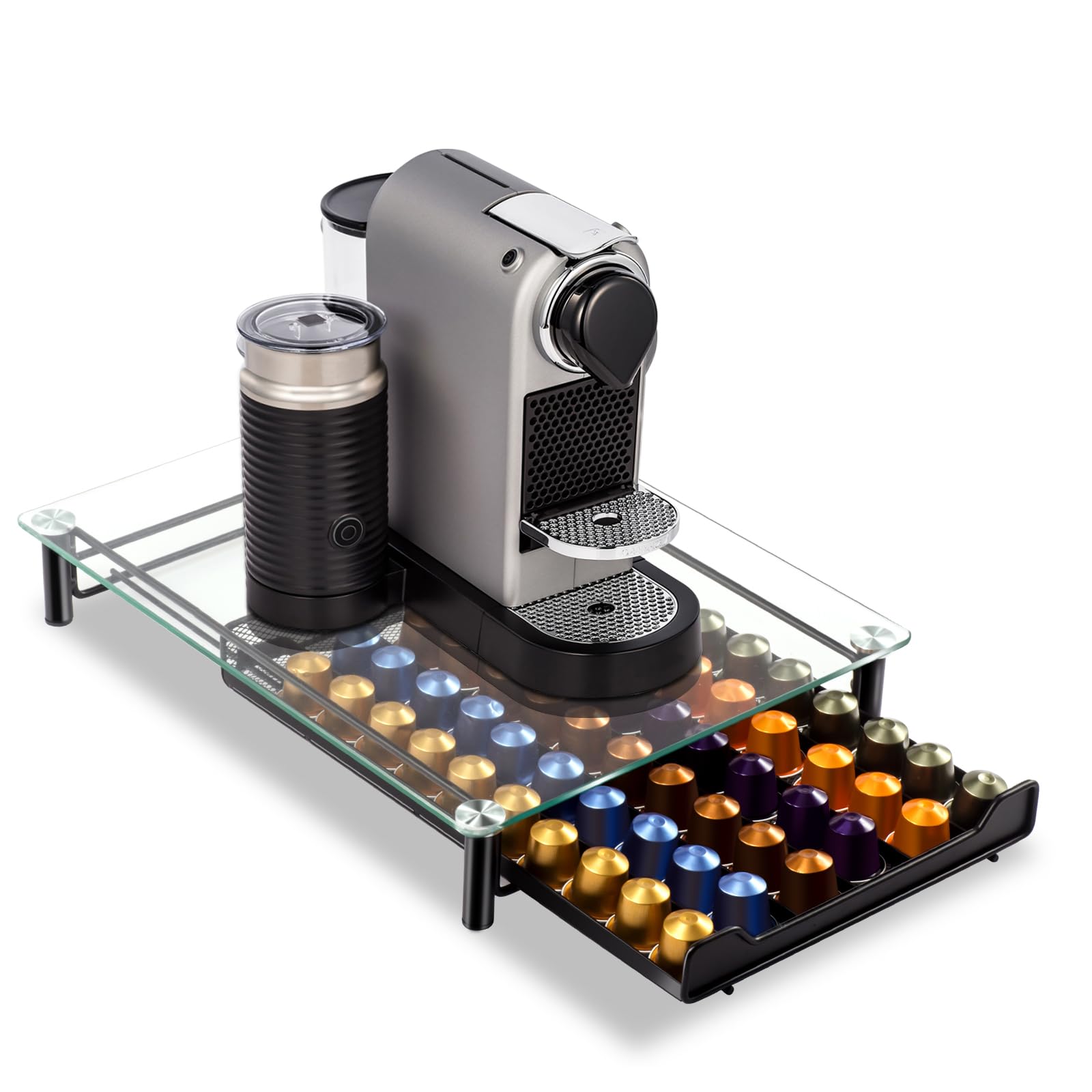 Portacapsule Nespresso Bremermann – Vetro E Metallo, 60 Capsule, Base Per Macchina Da Caffè, Nero 31x7x40 Cm