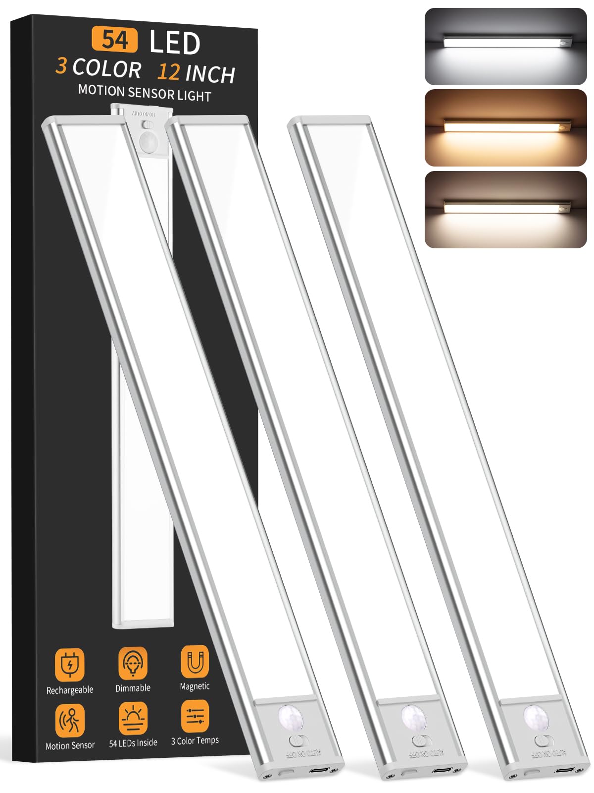 Under Cabinet Lighting Wireless, 54 LED Motion Sensor Light Indoor, 3 Color Dimmable Closet Lights Battery Operated, Rechargeable Magnetic Light, Under Counter Lights for Kitchen, Stairs, Home (3Pack)