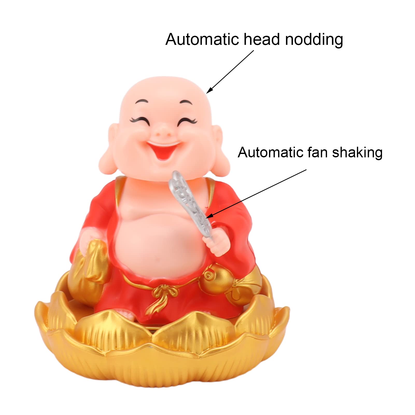 Gsycle Solar Buddha Statue, Solar Nodding Maitreya Car Ornament Decoration Outdoor Shaking Head Monk Toy for Wealth Fortune (Red)