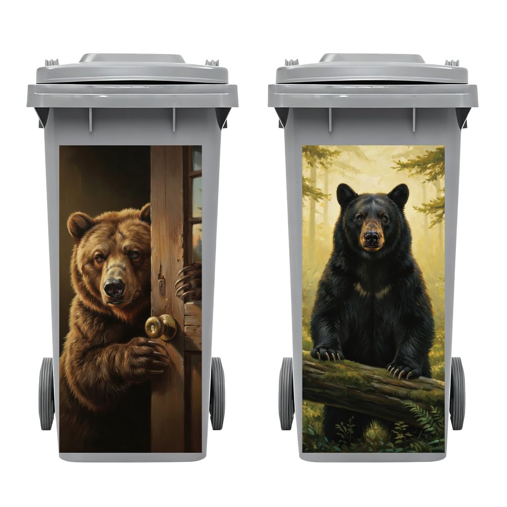 Peacoblue 2Pcs Wheelie Bin Stickers Forest Peeping Bear for Dustbin Decor