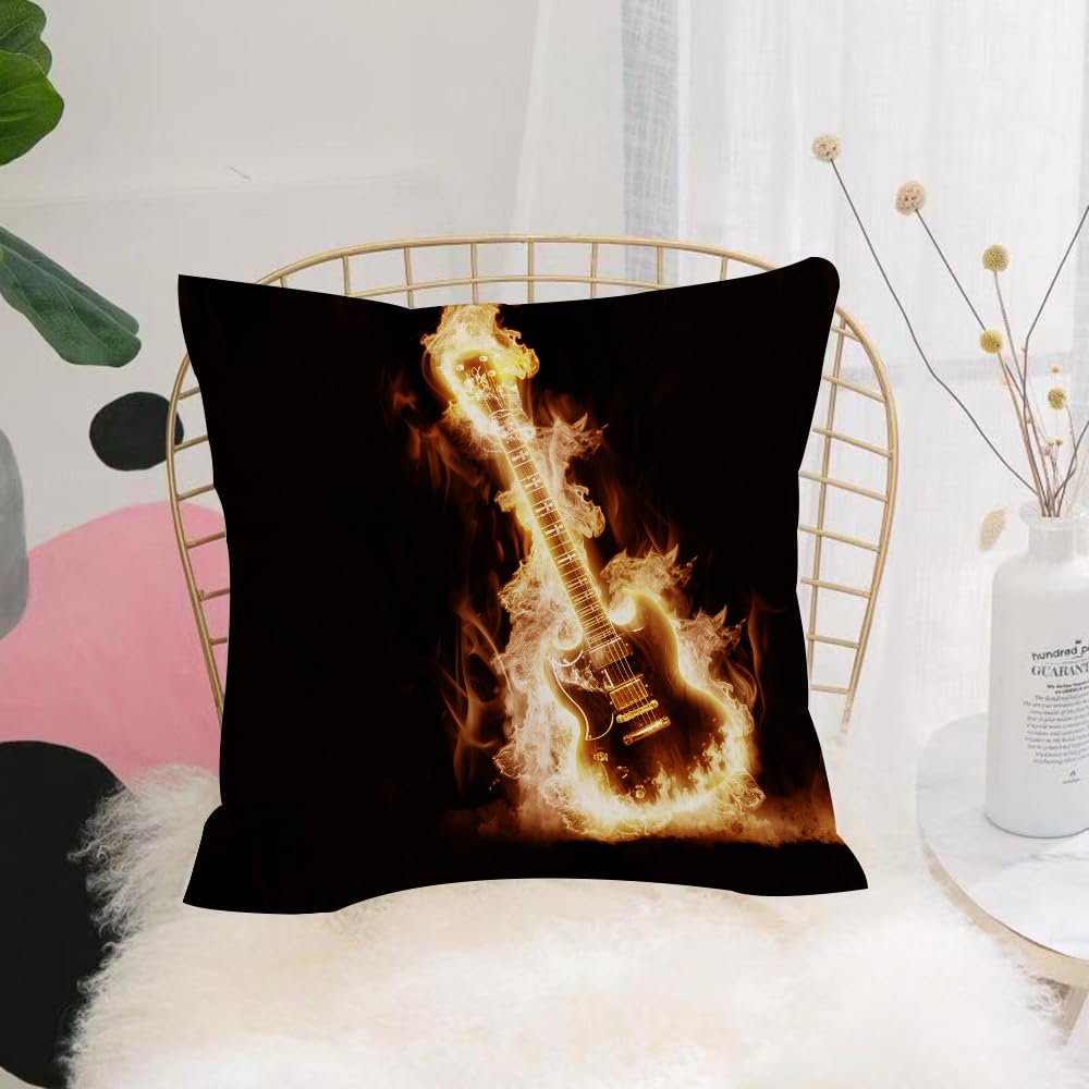 HYMSXW Cushion Cover,Throw Pillow Case Home Decorative for Living Room Bedroom Sofa Chair 20X20 Inch,Electronic guitar enveloped flames on a black background,Pillowcase 50X50cm