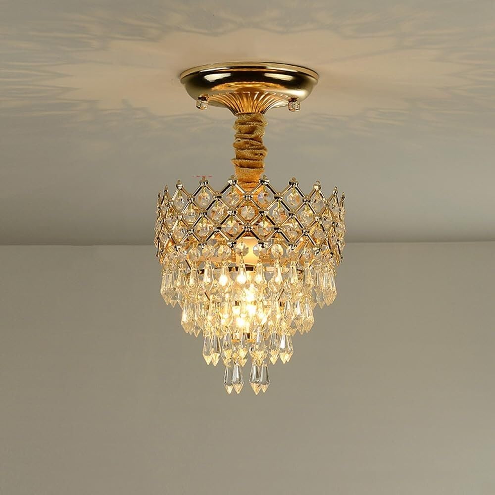 LYMSXAZOU Small Crystal Chandelier Flush Mount Ceiling Light Fixtures Luxury Raindrop Hanging Gold Round Modern Hallway for Bedroom Bathroom Kitchen Entryway Foyer Corridor(Color: