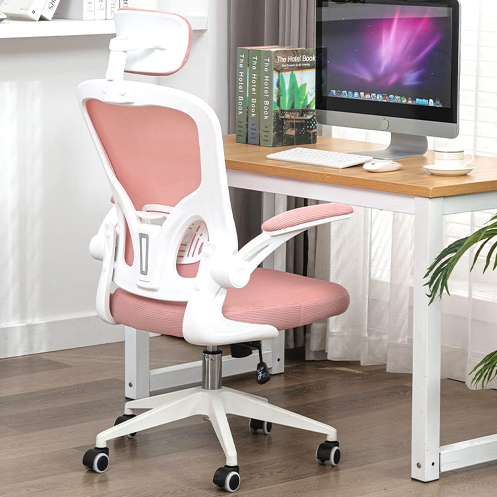 Silla de Oficina ergonómica, Silla de Oficina con reposabrazos Plegables, Silla de Oficina con Soporte Lumbar cómodo, Silla de Oficina rotativa (Rosa)