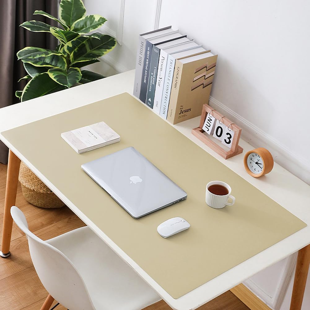 Luxurious Leather Desk Mat Extended Mouse Pad,Durable Office Home School Table Writing Desk Mat Waterproof PU Leather Desk Protector (Beige,70x120cm)