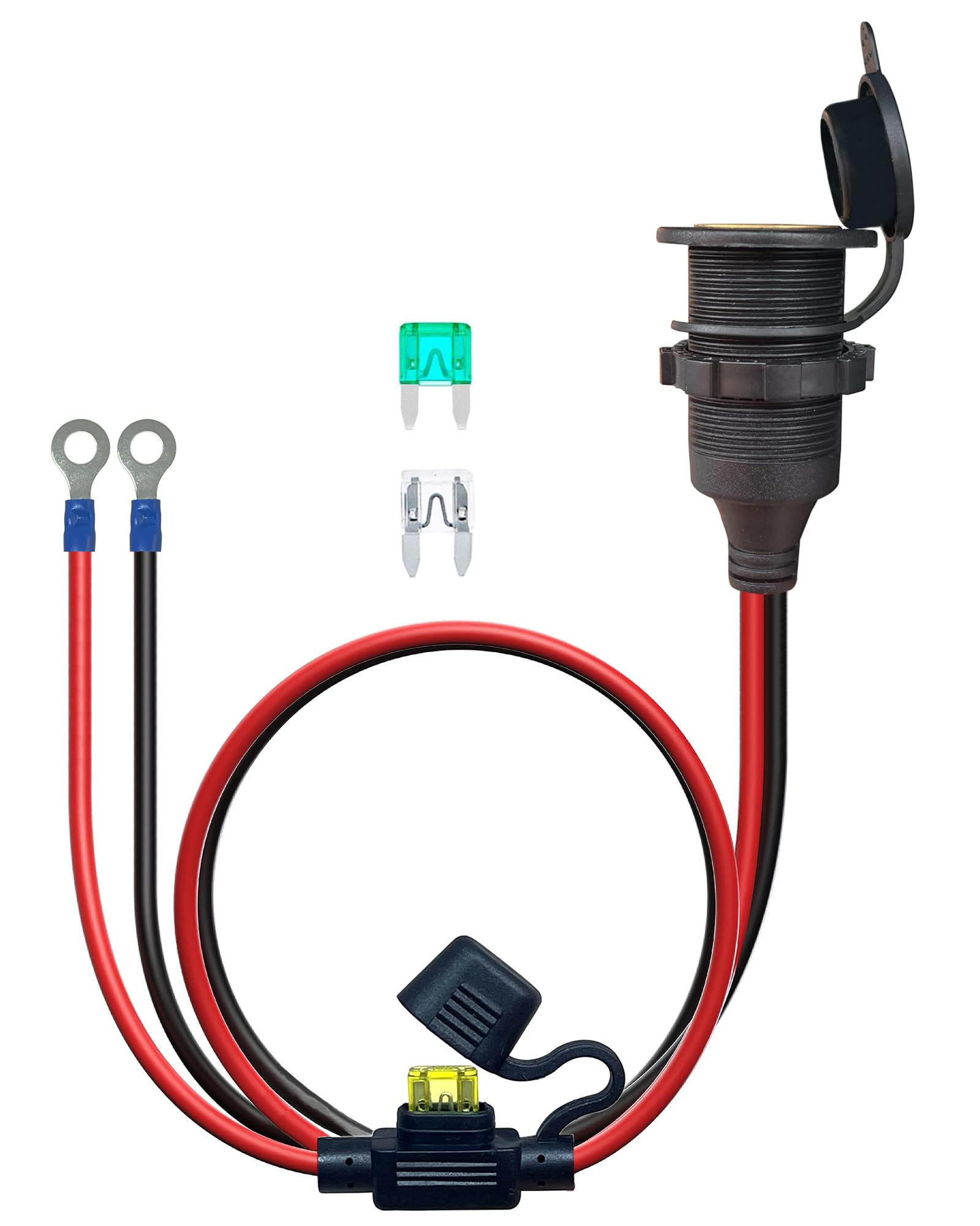 3FT 12V Fixed Thread Cigarette Lighter Socket Extension Cable, 12V Waterproof Outlet Socket Replacement 13AWG Heavy Duty Cable