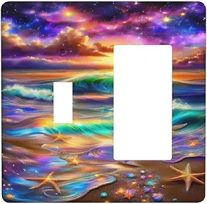 Decorative Outlet Covers Colorful Sunset Starfish Beach Shells 2 Gang 1 Gang Wall Plate Cover Single Toggle Rocker Combo Light Switch Cover Plate Face Plate for Bathroom Bedroom Decor