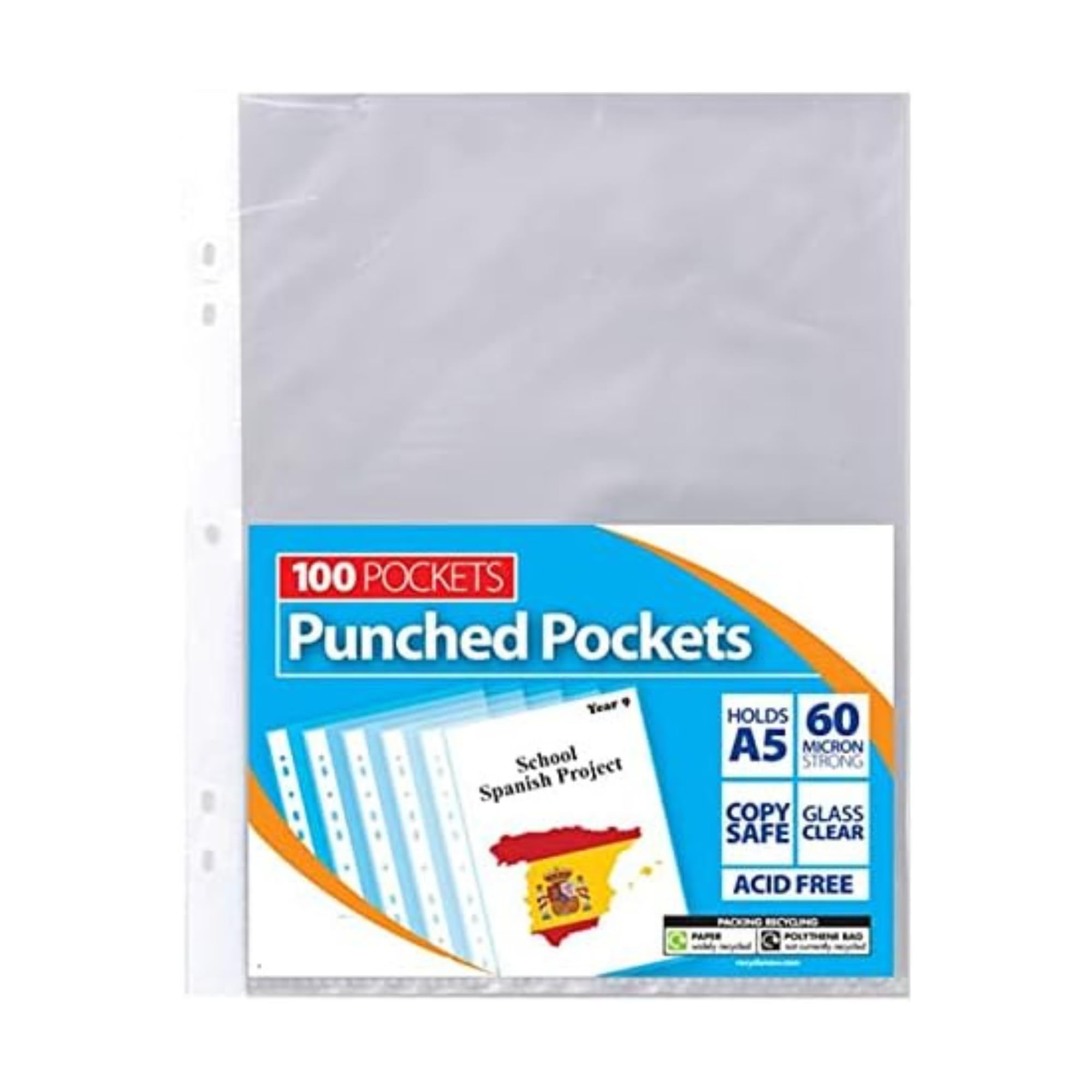 A5 Punch Pockets Clear Plastic Punched Pockets 60 Micron Filing Folders Wallets Sleeves Document Files for Ring Binder Punched Pockets by E&A Distribution Limited