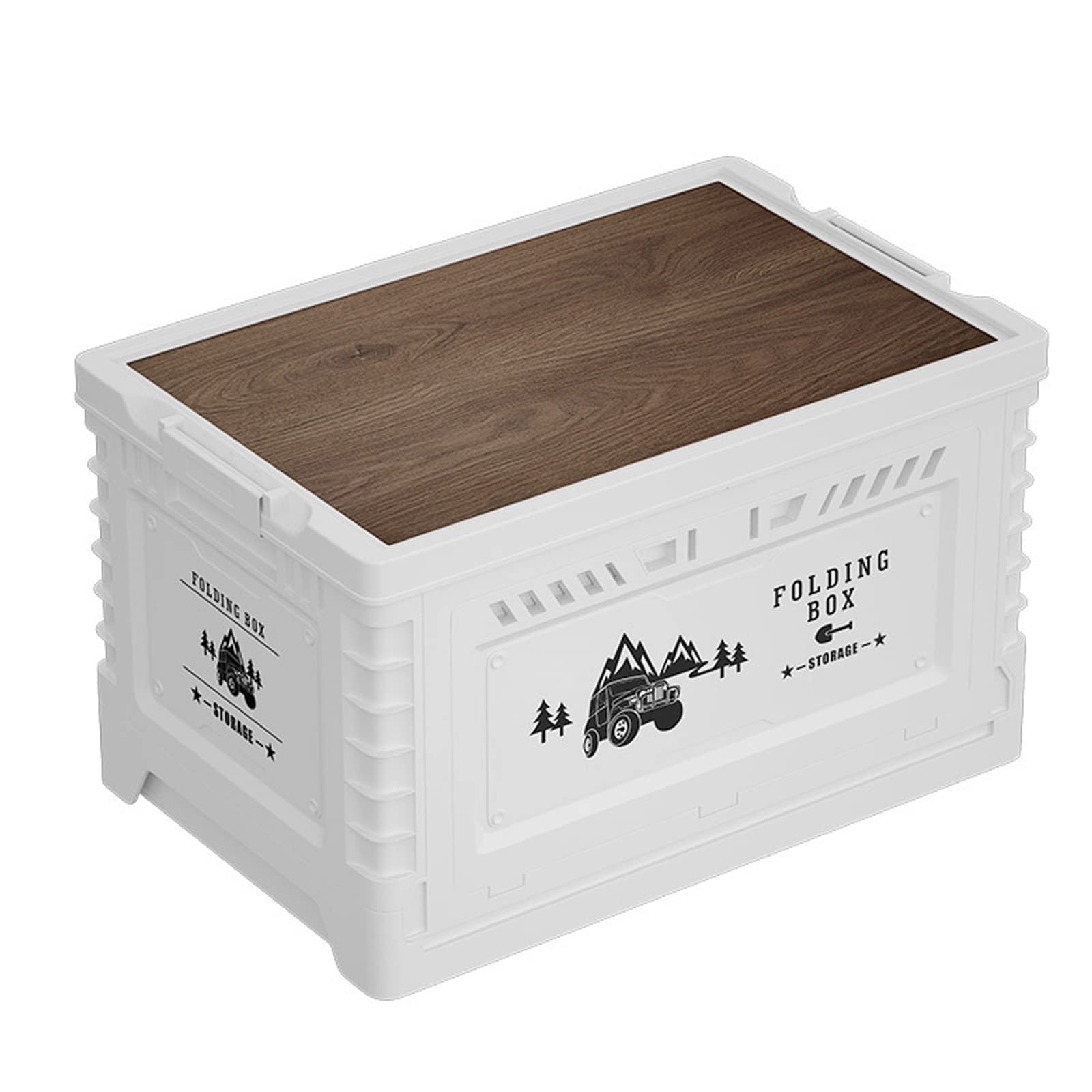 Contenitore Pieghevole da Campeggio con Coperchio in Legno, 60L Scatole da Plastica Impilabile, Organizer Multifunzionale per Riporre Vestiti Utensili da Cucina Giocattoli,Bianca