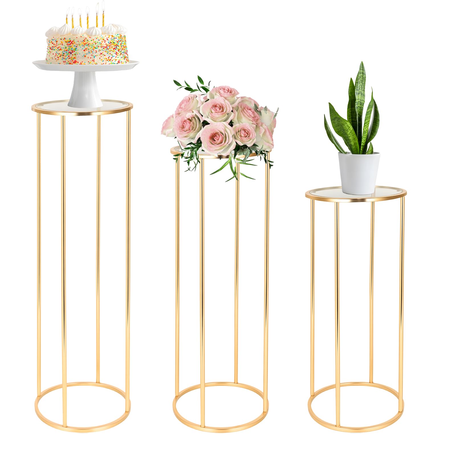 3 Pcs Cylinder Stands for Party, Gold Metal Pedestal Stand for Parties, Cilindros Para Decoraciones De Fiestas, Round Cake Pedestal for Weddings Party Birthday festival Backdrop Decoration, 13 11.8 10.6 inch