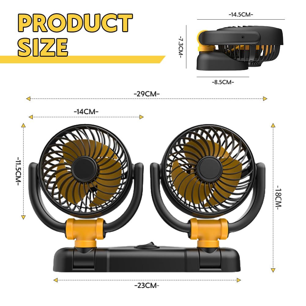 Ventilatore Auto, Ventilatore Auto Doppia Testa, 360° Ruotabile Ventola, 12 V Ventilatore da Auto con Presa Accendisigari, 2 Velocità per SUV RV ATV Camion Camper Auto Furgone Barca