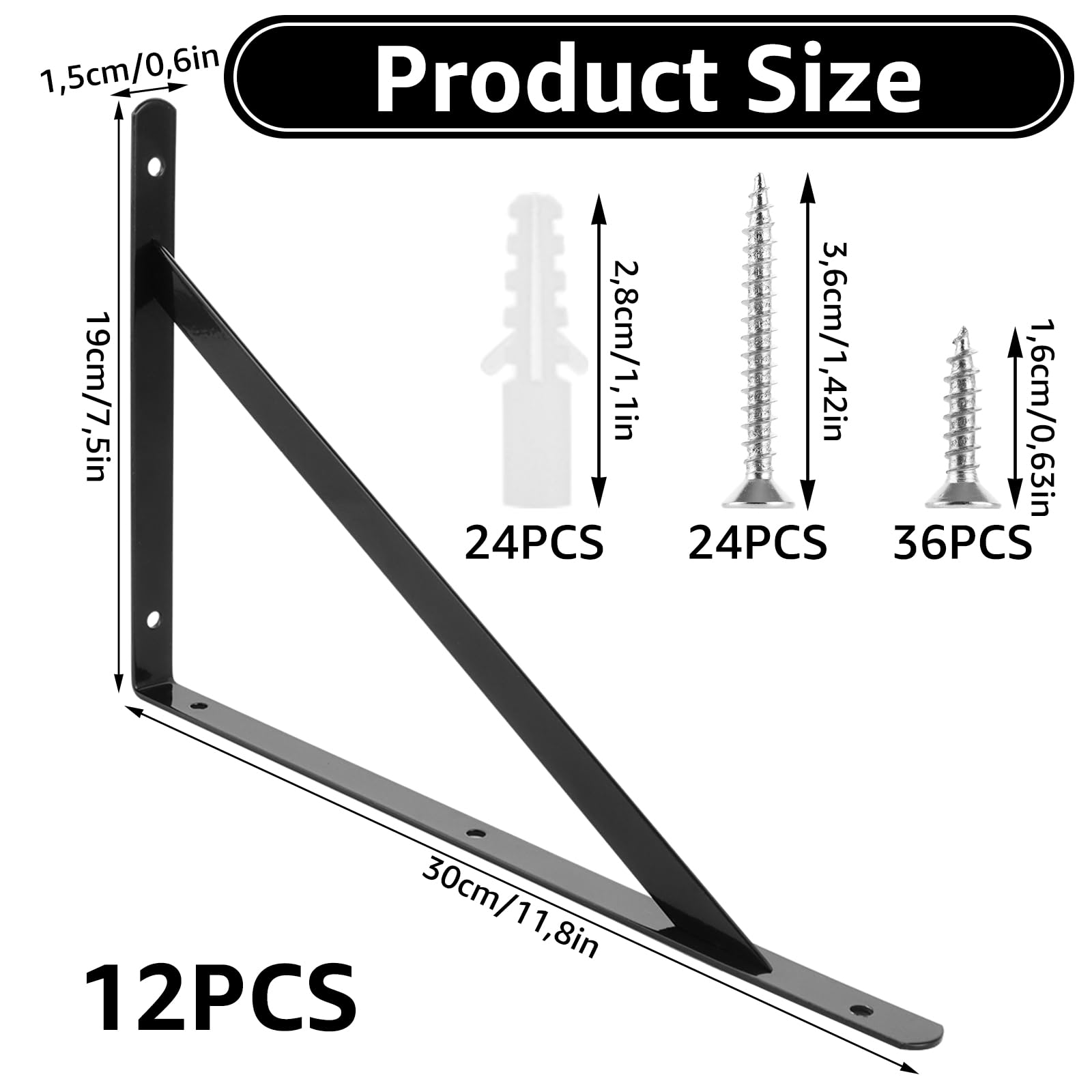 12 soportes para estanterías de 190 x 300 mm, color negro de metal, ángulo de carga pesada para montaje en pared, mesa plegable para montaje en pared, banco de trabajo, estantería de