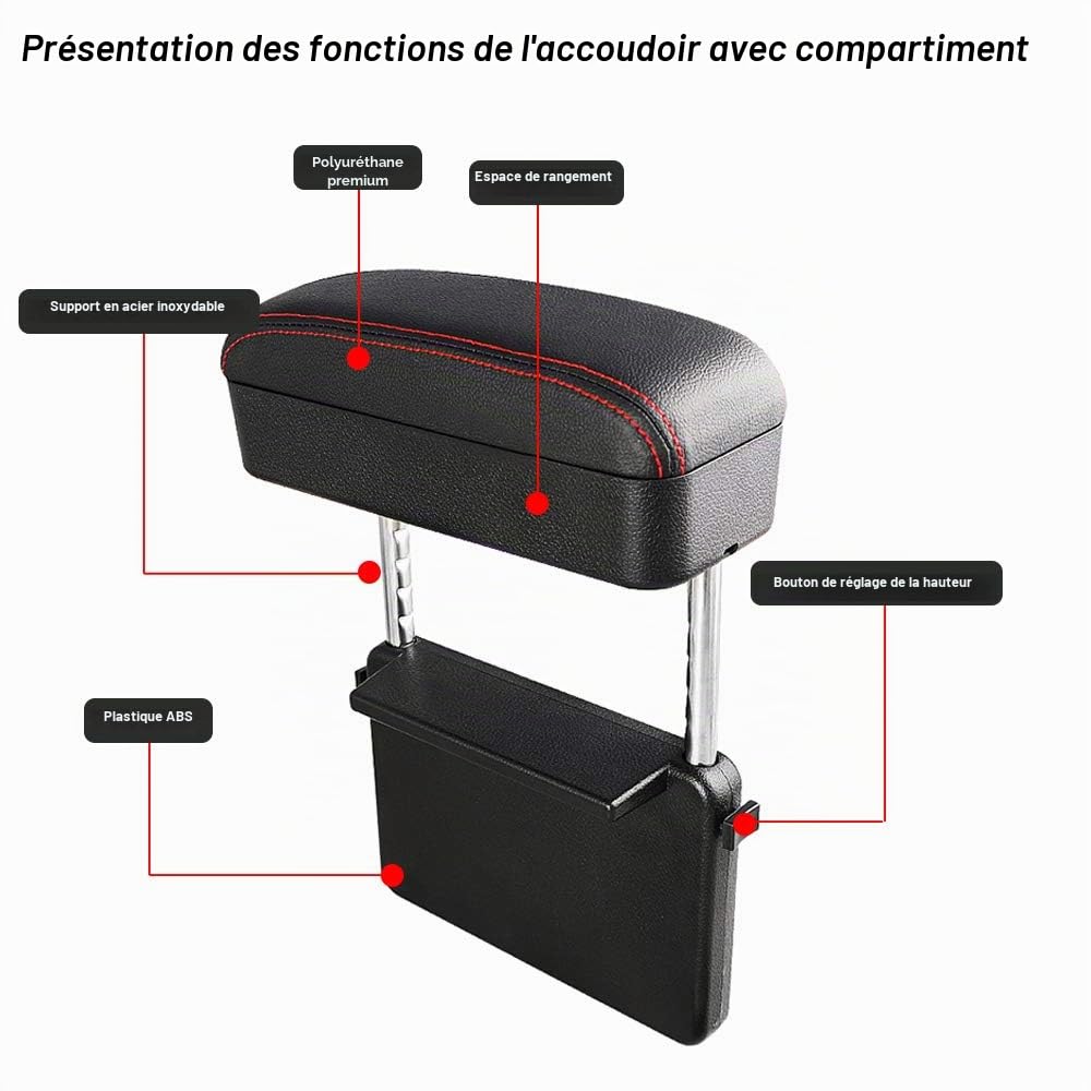 Accoudoir de Voiture Universel Accoudoir Central Accoudoir Console en Cuir Synthétique Boîte de Rangement pour Voiture Accoudoir Console Centrale Accoudoirs Noir&Rouge(1PC)