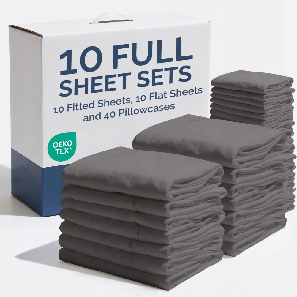 Bulk Case Pack of 10 Sheet Sets - Complete 6 Piece Sheet Sets - Bulk Full Size Bedding - Wholesale Case Pack for Hotels, Spa & Airbnbs - Deep Pockets
