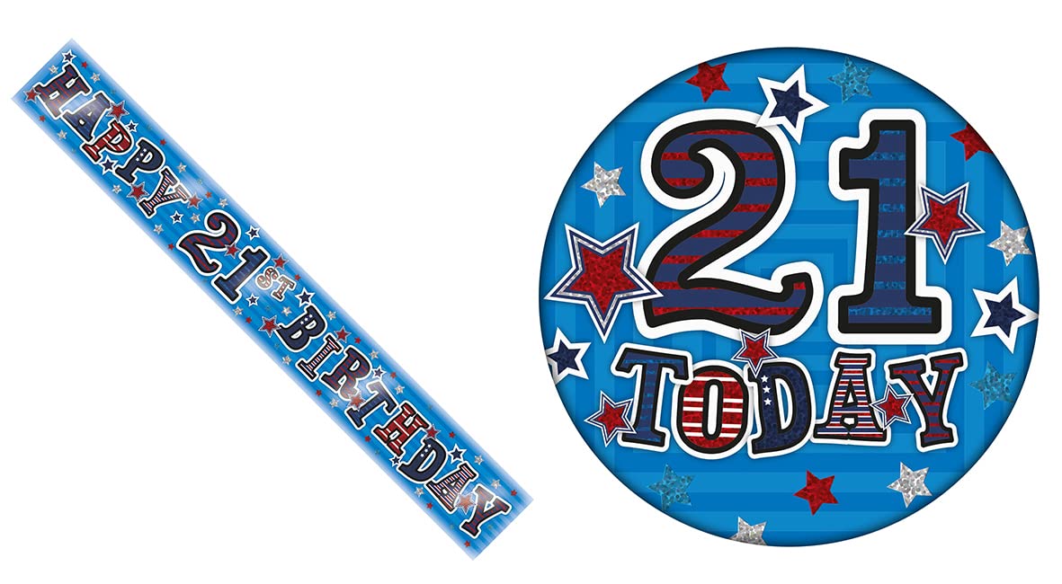Age 21 Blue And Silver Star Holographic Shiny 21st Birthday Party Kit Set (Banner And Giant Badge)